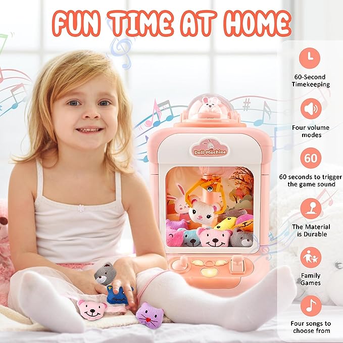 Mini machine à griffes pour enfants – Machine de jeu d'arcade, 10 mini jouets en peluche, musique et lumière, jouets de fête d'anniversaire, cadeaux pour enfants