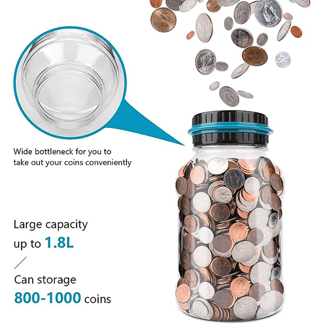 Banque de comptage de pièces de monnaie numérique avec compteur LCD, pot d'argent de banque de pièces de capacité de 1,8 L pour adultes