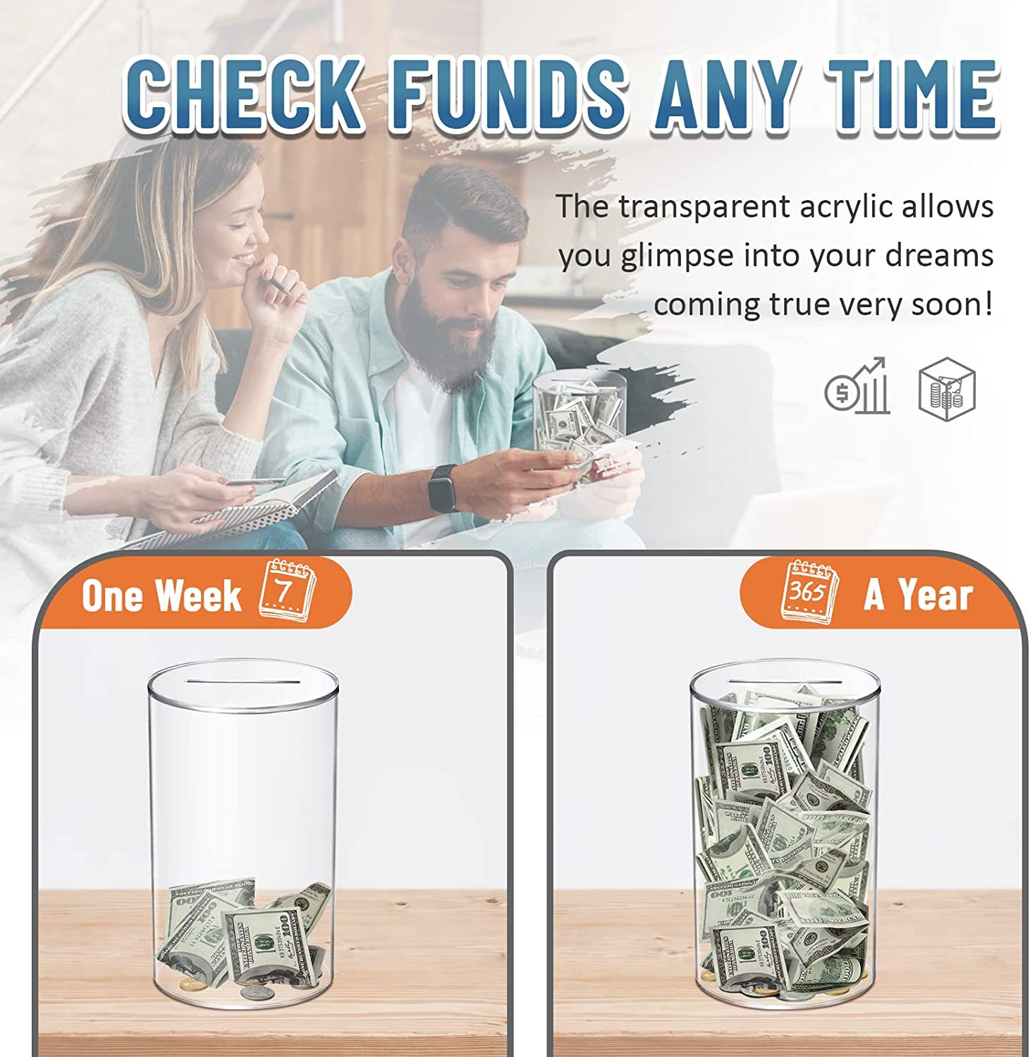 Tirelire cylindrique transparente, tirelire, d&eacute;p&ocirc;t uniquement et non retrait